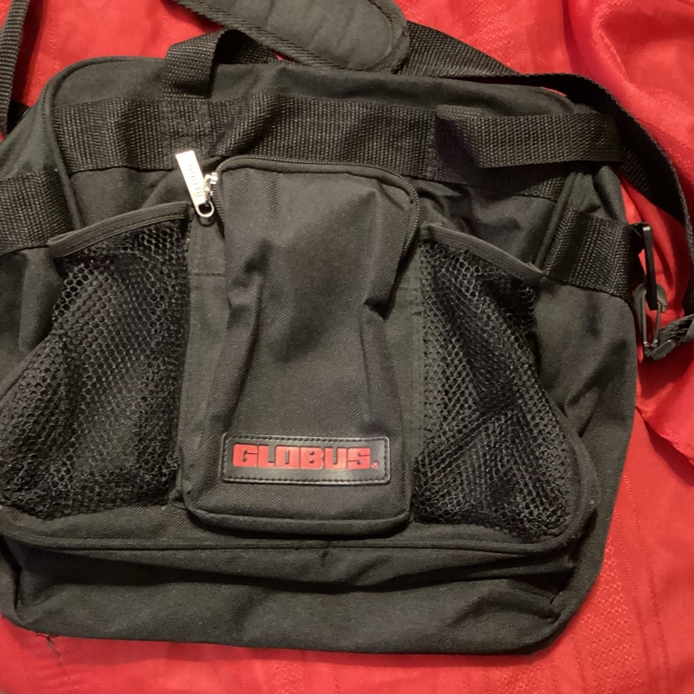 Globus black travel bag zip close top, zip pocket & mesh holders on front